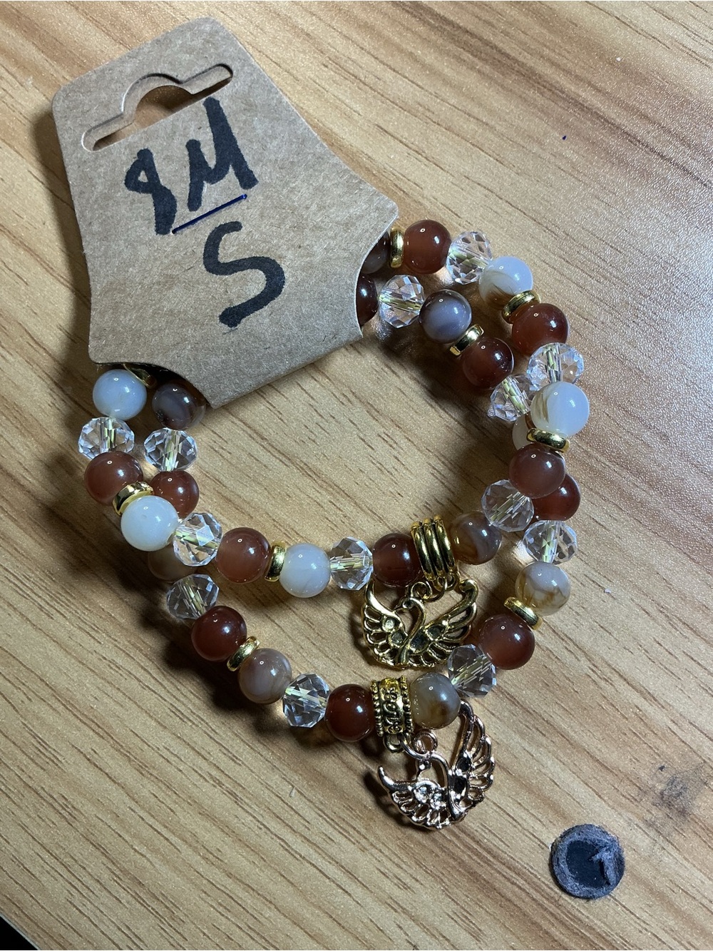 Gold Swan Charm Beaded Stretch Bracelet - Brown & White